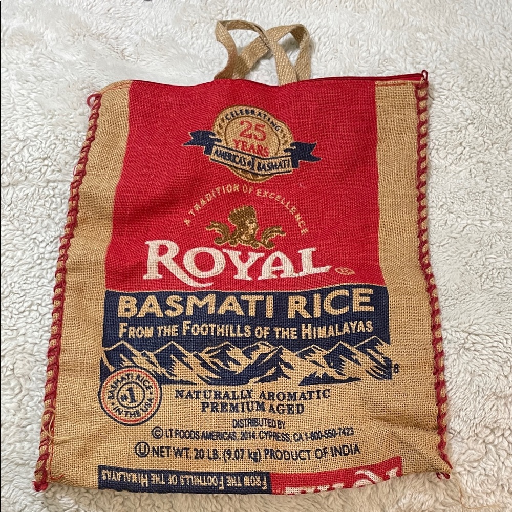 Basmati Rice Burlap 20 lb Tote Bag in Red and Tan